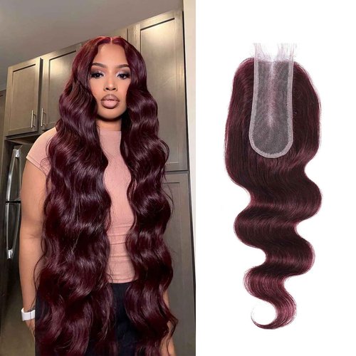 DSEKCAIN 2x6 HD Lace Closure Human Hair Body Wave 99J Burgundy Dark Red Wine Color Transparent Lace Closure 2x6 Long Deep Middle Part 100% Raw Virgin Human Hair 16 Inch 150% Density