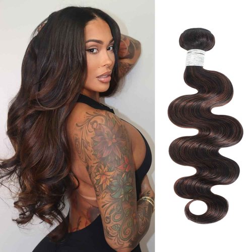 AUROO 12A Brown Body Wave Bundles Human Hair 20 Inch, 100% Virgin Brazilian Real Hair Wavy Weave Color #F2/4 Rich Dark Brown with Chestnut Ombre Highlights Human Hair Single Bundles Thick Track Sew in
