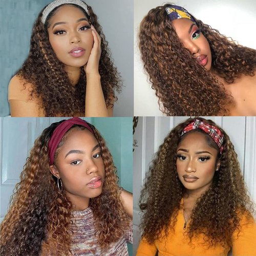 28 Inch P4/30 Chocolate Brown Headband Wig Human Hair 150% Density Grade 8A Unprocessed Brazilian Virgin Hairs Machine Made Highlight Brown Deep Wave Headband Wig Human Hair None Lace Front Wig