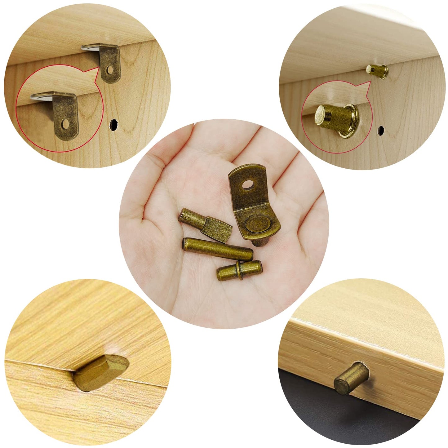 104Pcs Shelf Pins Pegs Kit,4 Styles Shelf Support Pegs,Bookshelf Pegs for Shelves,Cabinet Shelf Bracket Pegs Shelf Holders Pins for Kitchen Furniture & Closet (5mm & 1/4inch,Bronze Tone)
