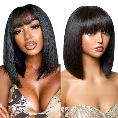Ruiyu 250 Density Bob Wig with Bangs Human Hair 2x4 HD Lace Closure Front Silky Straight Wigs Human Hair Glueless Ready to Wear and Go for Beginners 100% Brazilian Human Hair for Black Women 12 Inch