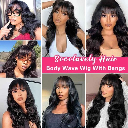 Sooolavely 22 Inch Body Wave Wigs with Bangs Human Hair Wig for Women Machine Made None Lace Front Wigs 180% Density Brazilian Virgin Human Hair Glueless Wig with Adjustable Drawstring Natural Color