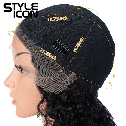 Style Icon Human Hair Wigs Short Curly Wigs Fluffy Afro Wigs T-Part Deep Wave Pre Plucked HD Lace Front Black Wigs (12", 1B)