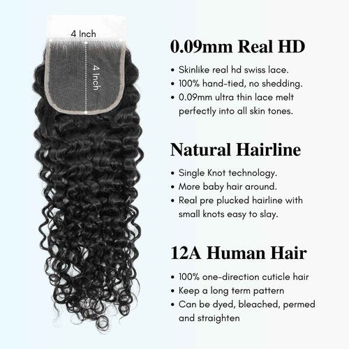 AUROO Water Wave 4x4 SKINLIKE Real HD Lace Closure Only Single Knot Human Hair 18 In,12A Virgin 0.09 mm Ultra-thin Invisible Wet n Wavy Curly Swiss HD Lace Closure Pre Plucked Free Part Natural Black