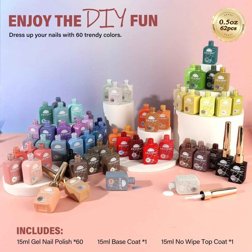 EBANKU 60 Colors Gel Nail Polish Set Same Color Same Bottle with No Wipe Base Top Coat Soak Off Gel Polish Kit Nail Art Manicure Salon DIY at Home for Women