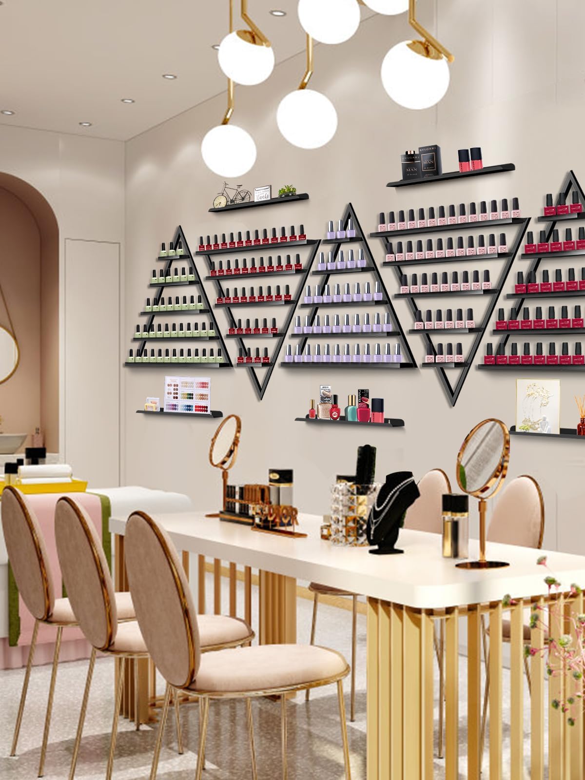 10PCS Metal Wall-mounted Nail Polish Storage Racks, Lorvain 5 Tiers Black Triangular Display Rack Cosmetic Display Case Lipstick Perfume Wall Shelf Essential Oil Organizer for Home Spa Nail Salon Shop