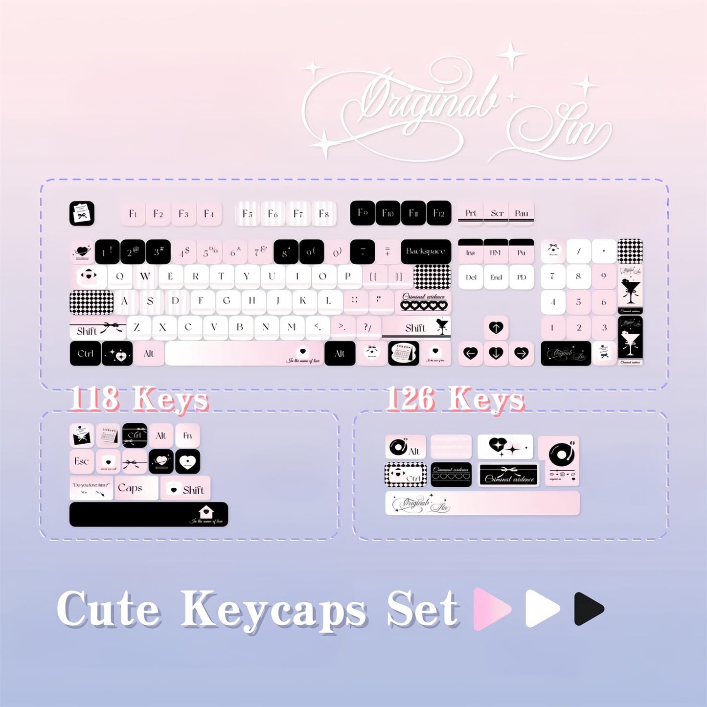 ZMX Pink and Black Keycaps,MOA Profile Cute Keycaps PBT Dye-Sub Kawaii Custom Full Size Keycap Set for Cherry MX Switch ANSI Layout 75% 60% Mechanical Gaming Keyboard DIY Creamy Key Cap (126Keys)