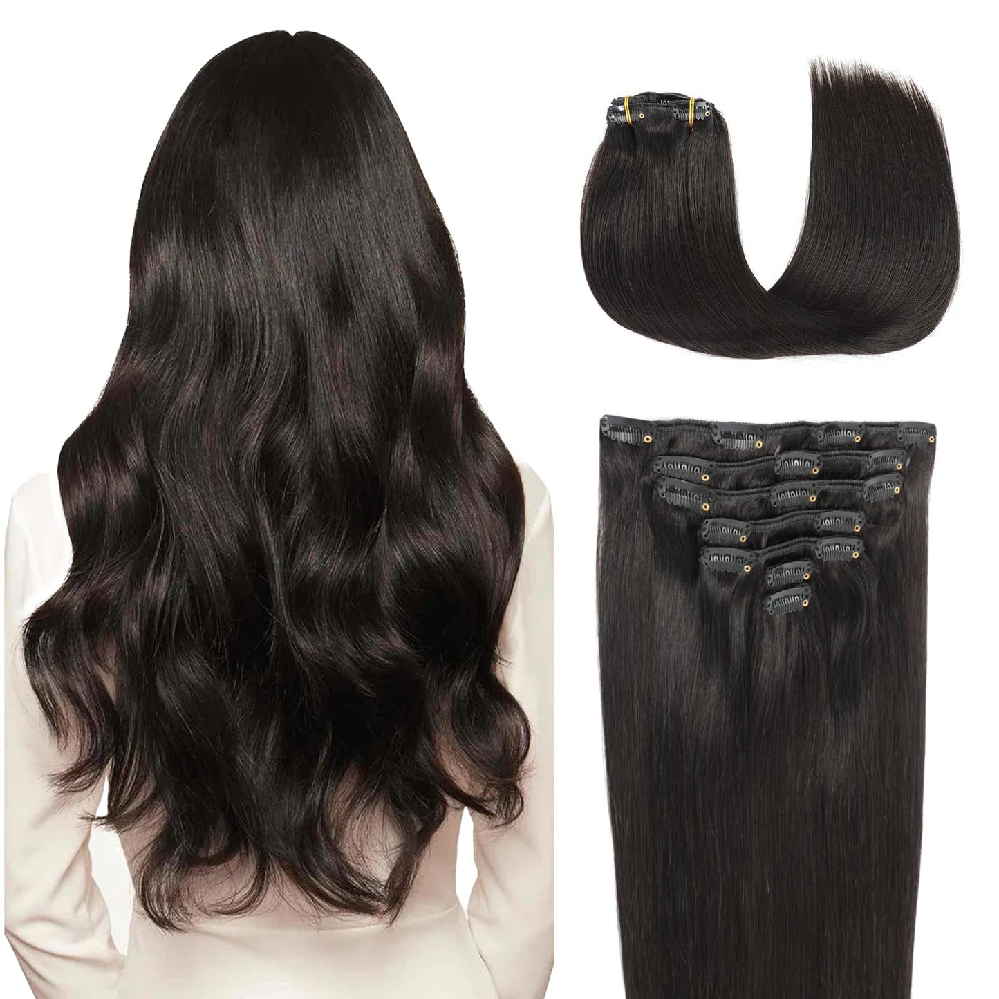 JESSBO Clip in Hair Extensions Real Human Hair Natural Black 18 Inch 120g 7pcs Seamless Invisible Double Weft Natural Straight Clip in Hair Extensions Human Hair for Woman (18 Inch #1B)