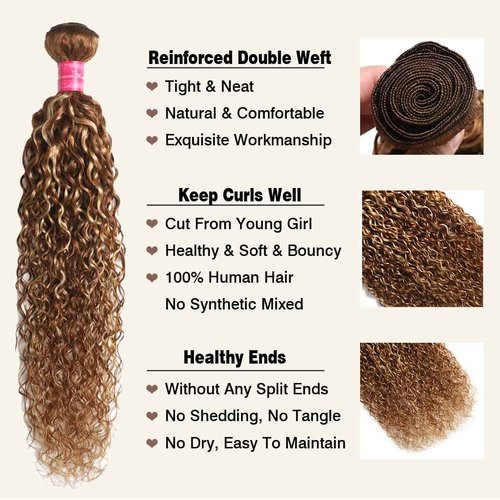 Borchan 4/27 Water Wave Human Hair Bundles Highlight Blonde Bundles Brazilian Virgin Hair 14 16 18 Inches 100% Unprocessed Human Hair Weft Ombre Honey Blonde Quick Weave for Women