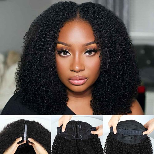 Domiso Afro Kinky Curly V Part Wig Human Hair Pre-Minimum Leave Out Upgraded V Part Wigs with Anti Slip Elastic Band and Removable Clips for Secure 20 Inch