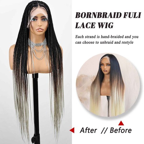 FABÉLLE 32 Inch Long Synthetic Braided Wig Knotless Box Braid Wigs with Baby Hair Single Full Lace Braided Wigs for Black Women - T1B/30/613 Ombre Brown Blonde Hair