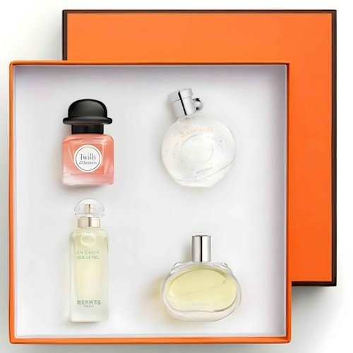 Hermès Discovery 4-Piece Miniature Fragrance Gift Set for Women – Includes Barenia EDP, Terre d’Hermès EDP, Eau des Merveilles EDT, and Un Jardin Sur Le Nil EDT each 0.25 oz/7.5 ml