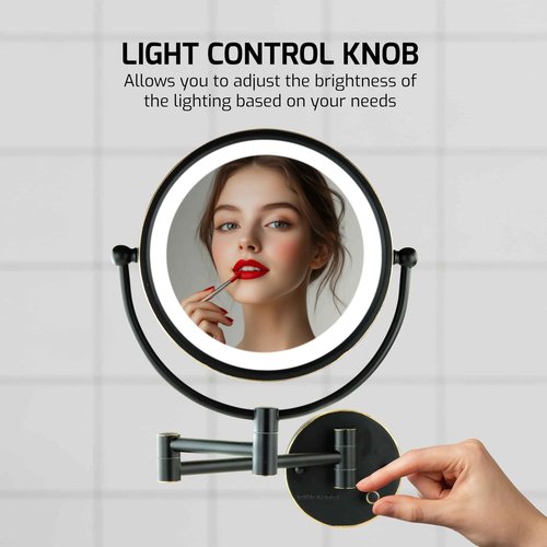 OVENTE Wall Mounted Lighted Makeup Vanity Mirror, 9" Hard Wired Double Sided 1X/7X Magnifying Bathroom Mirror, Dimmable LED Lights, 360° Rotation and 14" Extendable Arm, Rubbed Bronze MPWD3185BZ1X7X