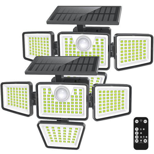 daphino 3000LM Solar Lights Outdoor with Motion Sensor,4 Head 270° Wide Angle Street Area Lights,IP65 Waterproof Security Lighting with 3 Modes(Remote,2 Pcs)