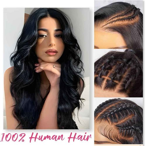 Beworthair 13x6 Body Wave Lace Front Wigs Human Hair Pre Plucked 220% Density HD Transparent Lace Frontal Wigs Human Hair Lace Front Wigs for Women With Baby Hair Wig (Black, 16 Inch)