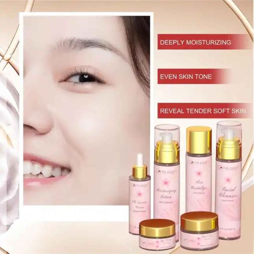 Luxurious Korean Style Cherry Blossom Facial Cleanser & Moisturizer Set Facial Cleanser, Moisturizer, Revitalizer, Serum, Rejuvenator, Eye Cream, Daily Skincare Routine, Retinol-Free, All-skin types