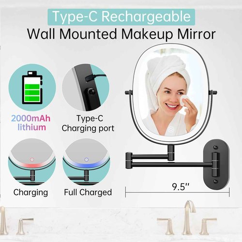 FUNTOUCH 30X/1X Wall Mounted Lighted Makeup Vanity Mirror, Rechargeable Double Sided Bathroom Magnification Mirror, 3 Dimmable Light Settings, Extension Arm, Oval Frame, Ideal for Makeup,Black