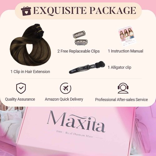 MAXITA Human Hair Clip in Extensions,80g 20 Inch 7pcs, Balayage Dark Brown Mixed Chestnut Brown Hair Extensions Clip in Human Hair Remy Hair Extensions Natural Straight Thick Hair