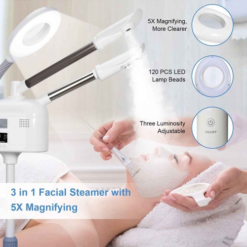 Facial Steamers Professional 3 in 1 Facial Steamer with 5X Magnifying Lamp, Upgrade PTC Heating, Hot/Cool Mist Steamer for Home Salon Spa Beauty