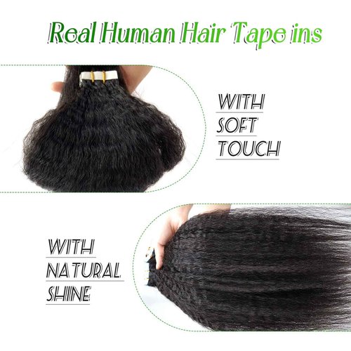Tape in Hair Extensions Human Hair Kinky Straight 24Inch Natural Black Hair Extensions Real Human Hair Tape in Extensions for Black Women, 40 Pieces 100G Invisible Tape Hair Extensions for Short Hair