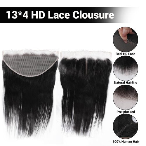 Filelf 13x4 Hd Lace Closure,Invisible Skinlike Swiss Lace Pre-Plucked Hairline Human Hair Frontal Glueless Design Straight Natural Black 12 Inch