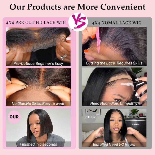 Wear and Go Glueless Bob Wig Human Hair Pre Plucked Pre Cut 4x4 HD Lace Closure Bob Wigs For Black Women Human Hair Straight Bob Wigs No Glue Lace Closure Wigs For Beginner 200% Density 16 Inch