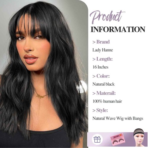 Lady Hanne Human Hair Wigs Natural Wave Human Hair Wig with Bangs for Black Women 16 inches None Lace Front Wear and Go Glueless Human Hair Wig