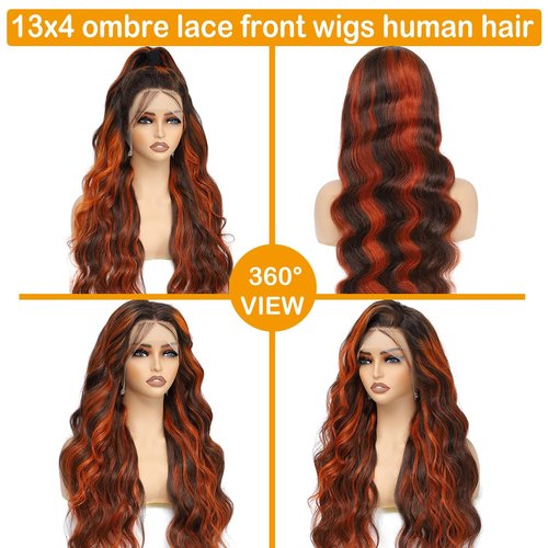 LAINSS 13x4 Highlight Ombre Lace Front Wig Human Hair Ginger Brown Body Wave HD Transparent Lace Frontal Wigs Pre Plucked Human Hair for Women P4/350 Colored Lace Front Wigs 180% Density 20Inch