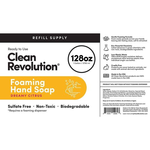 Clean Revolution Foaming Hand Soap Refill Supply Container, Ready to Use Formula, Gluten Free, Dreamy Citrus Fragrance, 128 Fl. Oz, 4 Pack