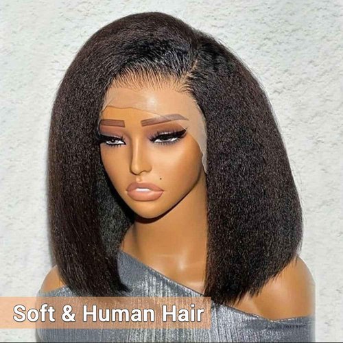 MOOTAFUL Bob Wig Human Hair 13x4 Lace Front Wig Human Hair Pre Plucked 200% Density Short Bob Yaki Straight Wig with Baby Hair Glueless Kinky Straight Wig for Black Women 10 Inch