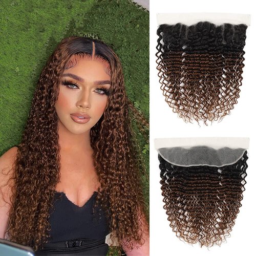 1B/30 Deep Wave Transparent Lace Frontal Closure Ear To Ear Ombre Frontal 12A Unprocessed Brazilian Virgin Human Hair #1b/30 Pre Plucked with Baby Hair (20inch)