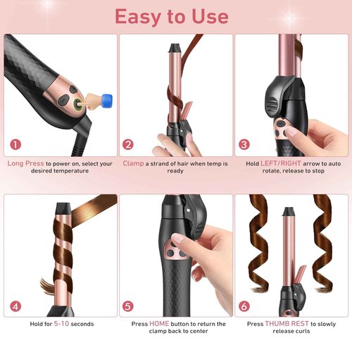 Soffiya Automatic Rotating Curling Iron 1-Inch - Self-Curl for Beach Waves & Thick Hair, Adjustable Temp 250°F-430°F + Dual Voltage Travel Iron - Salon Results for Beginners (Rose Gold)