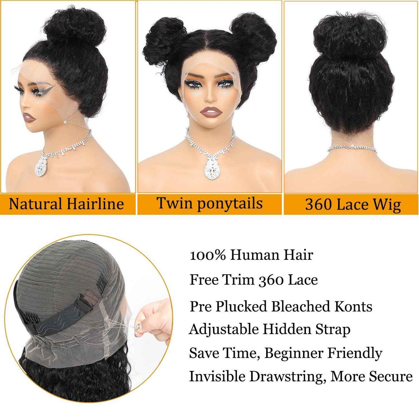 360 Lace Front Wigs Human Hair Pre Plucked With Drawstring 360 Deep Wave Glueless Full Lace Human Hair Wigs Wet And Wavy Invisible Strap Full Lace Wigs For Black Women（Black, 18 Inch）