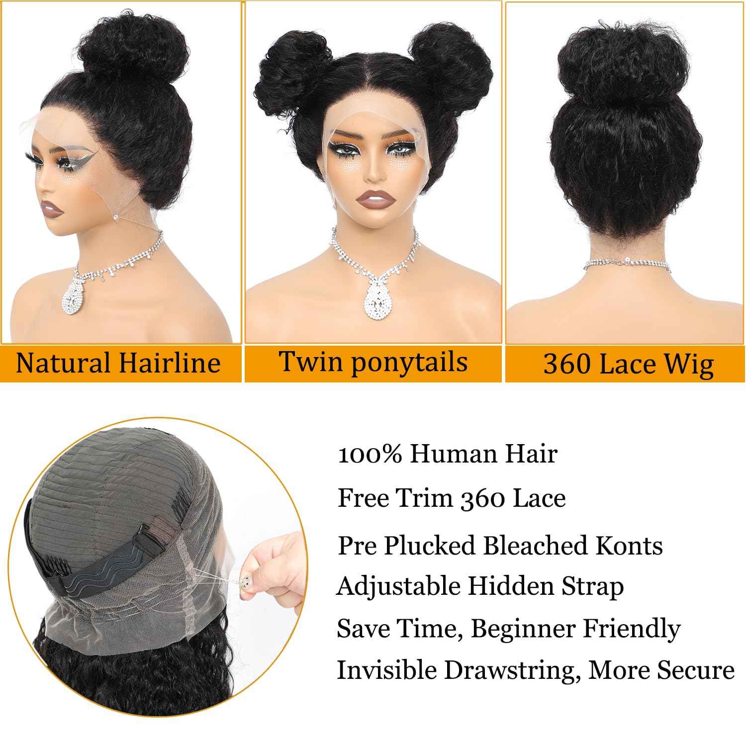 360 Lace Front Wigs Human Hair Pre Plucked With Drawstring 360 Deep Wave Glueless Full Lace Human Hair Wigs Wet And Wavy Invisible Strap Full Lace Wigs For Black Women（Black, 18 Inch）