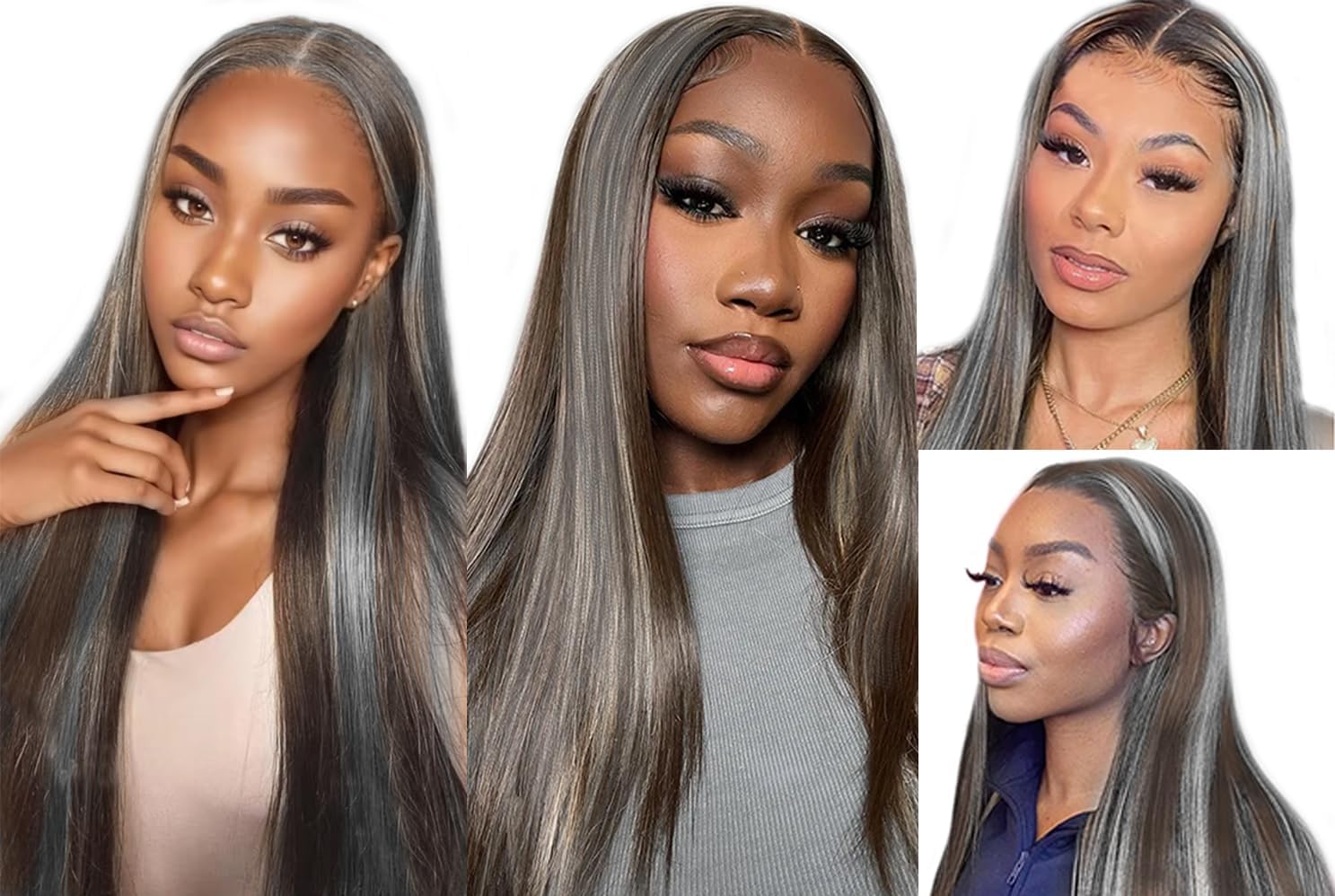 Giginger Bundles Human Hair P4/GREY 16 18 20 inch Straight Wave Human Hair Bundles Highlight Chocolate Grey Unprocessed Quick Weave Soft Sewn In Hair Extensions for Black Women
