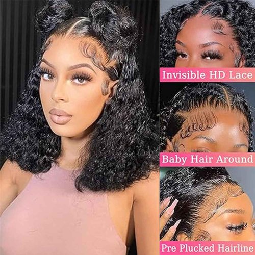 VIULKY 14 Inch Deep Wave Bob Wig Human Hair Glueless 13x6 Lace Front Wigs Human Hair Wigs for Black Women Pre Plucked 200 Density HD Short Curly Lace Frontal Wig Natural Black
