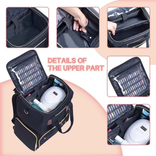 UOZL Nail Polish Organizer Backpack Holds 80 Bottles and a Nail Lamp Supplies with 2 Removable Cases Storage Bag Professional Travel Case for Manicurist (Black)