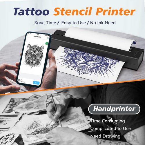 LifeBasis Wireless Tattoo Stencil Printer for Transfer Paper – Portable Thermal Tattoo Printer Rechargeable, Fast A4 Printing, Compatible with iOS/Android/Windows, 30 Sheets & 300 Designs Included