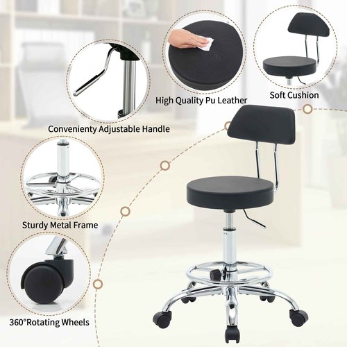 FIRAVOE Rolling Stool with Back,Adjustable Height Foot Rest Rolling Salon Chair 19.5"-26.6",Black Ergonomic Stool (Black)