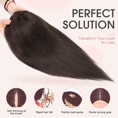 TESS Hair Toppers for Women with Thinning Hair Real Human Hair Toppers Hair Pieces for Women, 2"*6" Lace Base 150% Density 10 inch Dark Brown