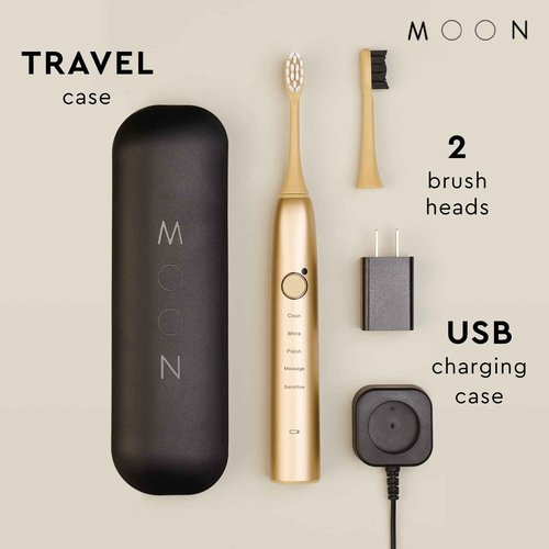 MOON Sonic Electric Toothbrush for Adults & Teens, Gold, 5 Smart Modes, Clean, White, Massage, Polish & Sensitive, Rechargeable with Travel Case & 2 Brush Heads, Industry-Leading 6 Week Charge