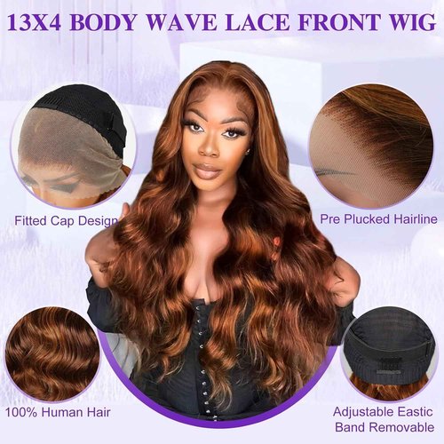 Peenoll Human Hair Wig Highlight P4/30 Lace Frontal Body Wave Pre Plucked Pre Cut Closure Glueless Wigs With Elastic Band 200% Density