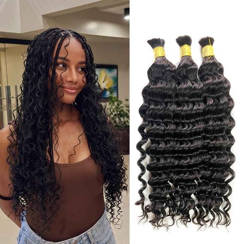 TIJRLGVBN Bulk Human Hair Deep Curly 3 Bundles (150g) - Boho Knotless & Box Braids 22"24"26" Natural Black