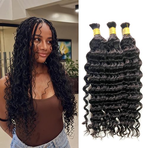 TIJRLGVBN Bulk Human Hair Deep Curly 3 Bundles (300g) - Boho Knotless & Box Braids 16 Inch Natural Black