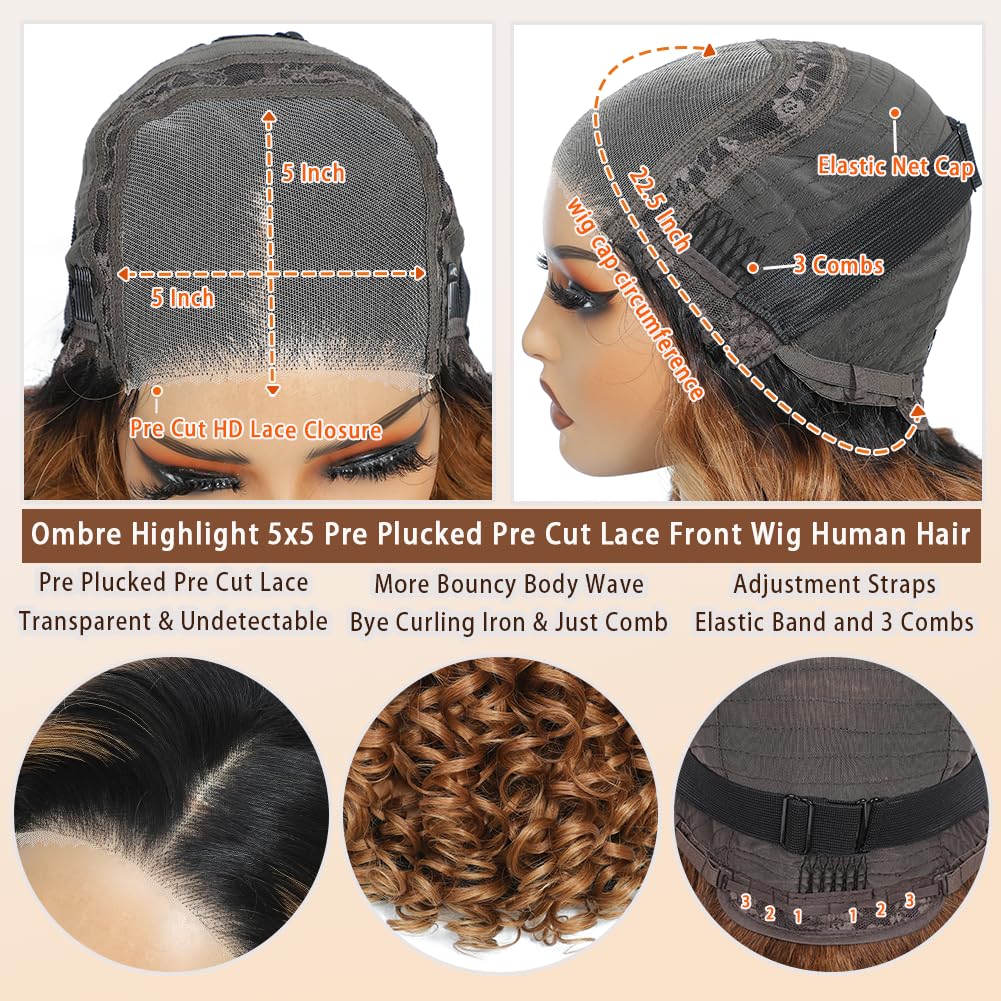 Ombre Lace Front Wigs Human Hair 5x5 Pre Plucked Pre Cut Lace Front Wigs Human Hair 5x5 HD Lace Closure Wigs Human Hair for Women 1B/30 Glueless Bouncy Body Wave Lace Front Wigs 180 Density 22 Inch