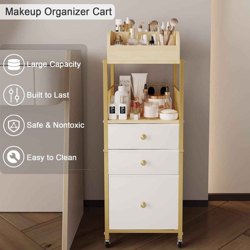 Makeup Organizer Cart with Drawers, Floor Skincare Organizers Make Up Organizers-Vanity Organizer Cosmetic Display Cases Holder for Skin Care Perfume Nail Polish Brush Hair Tool（Gold）
