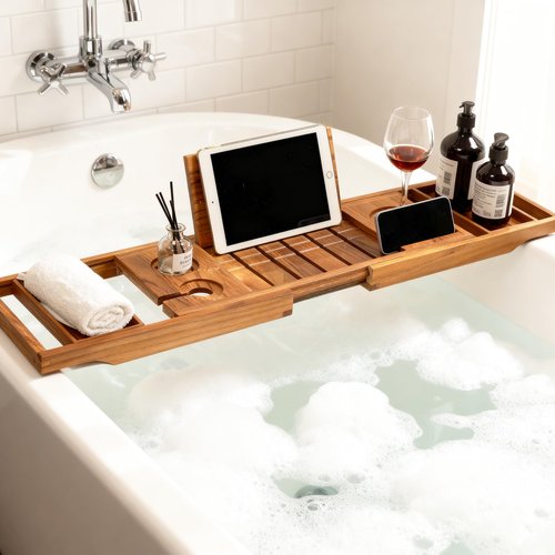 Boflay Expandable Teak Bathtub Tray - Luxury Wooden Bath Caddy & Tub Shelf, Over-The-Tub Bath Table with Book & Wine Glass Holder, Waterproof Bathroom Organizer for Spa Experience