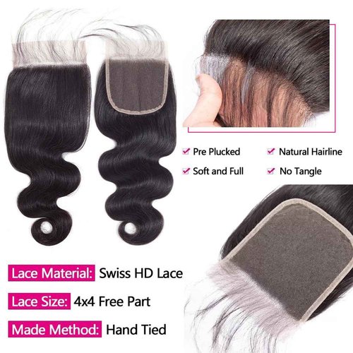 Body Wave Bundles With Closure Human Hair 20 22 24+18 Inch Human Hair Bundles With Closure Brazilian Virgin Body Wave 3 Bundle With 4x4 HD Lace Closure Free part