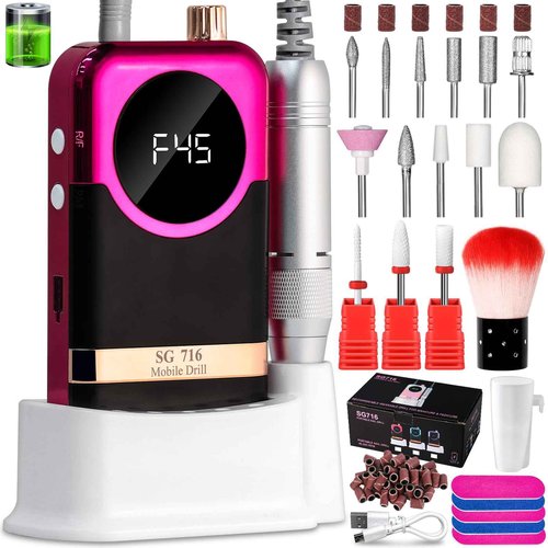 LIMEGIRL Professional Electric Nail Drill Kit 45000RPM Portable Cordless Toenail Cordless Toenail Machine with 14 Drill Bits and Base for Women(Rose Red)