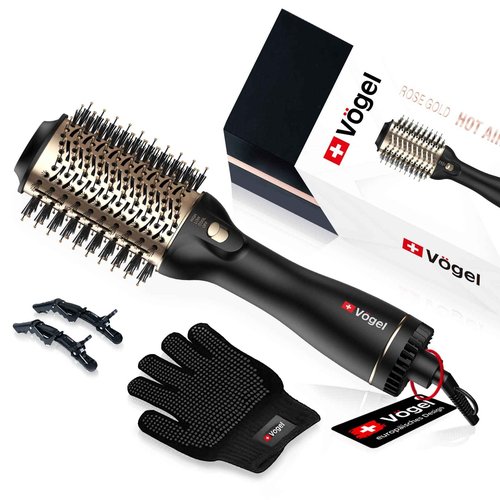 Vögel Nano Titanium Hot Air Brush & Hair Dryer - One Step Volumizer,Professional Blowout for Style and Dry,Incl Clips, Gloves,Gold
